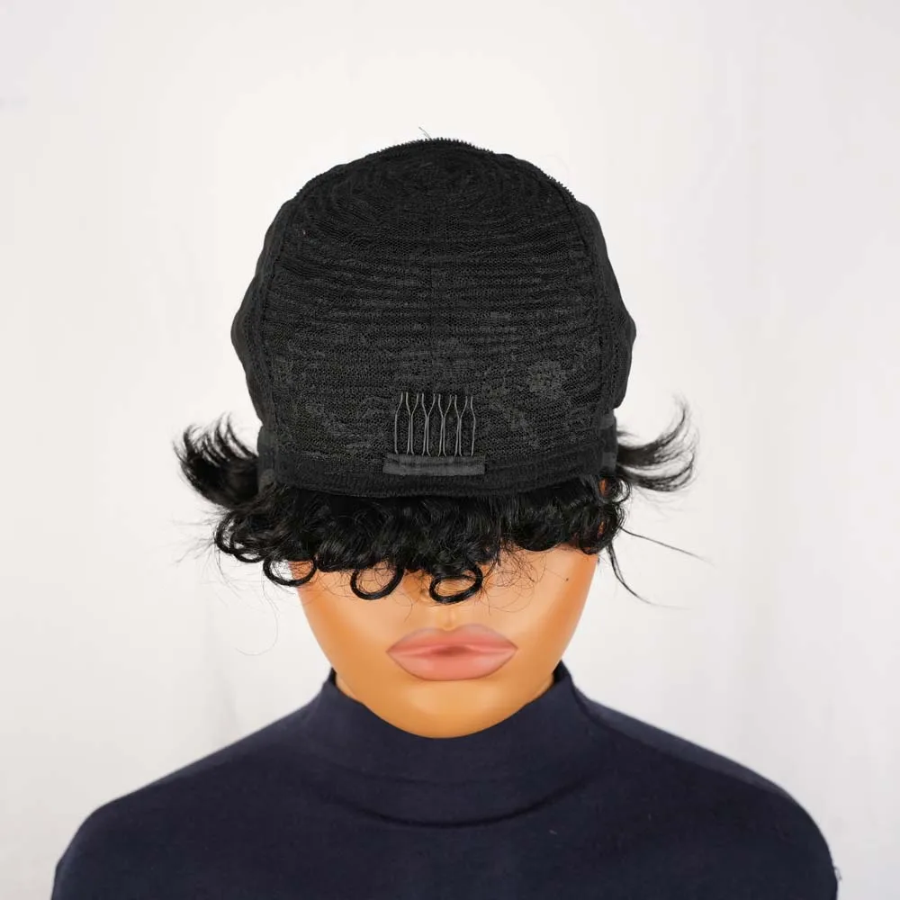 흑인 여성용 짧은 곱슬 픽시컷 인모 가발, 레이어드 브라질리언 레미 헤어, 기계 제작 블랙 컬러 가발 (일상용)