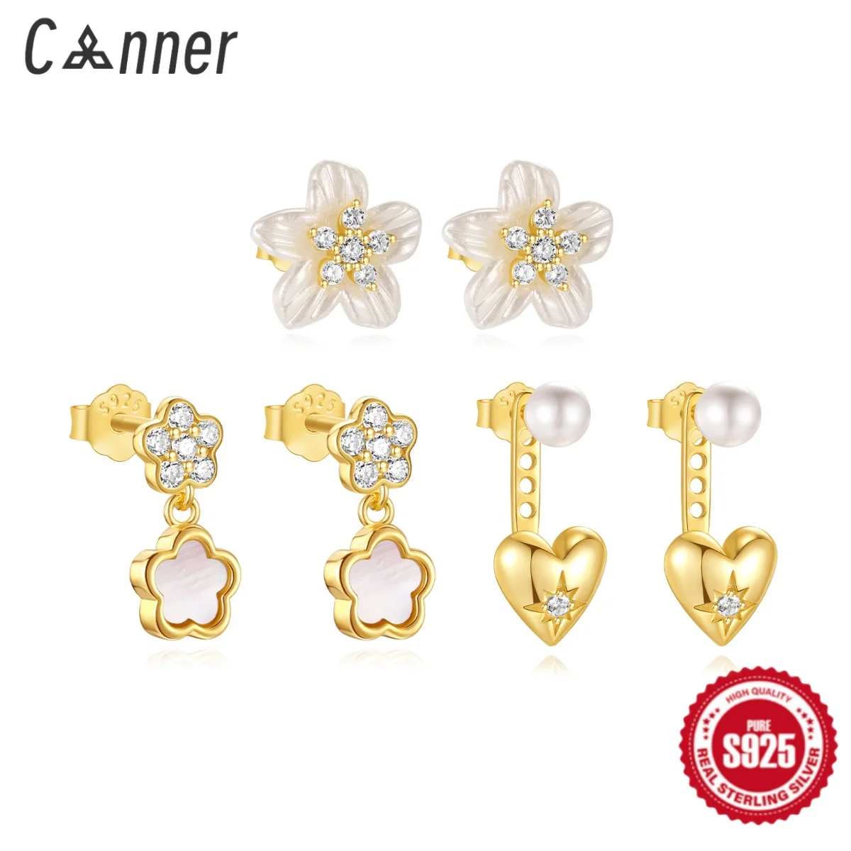 CANNER 925 Silver Luxury Geometric Heart-Shaped Zircon Stud Earrings For Women Acrylic Five Petal Flower Ins Fine Jewelry Gifts