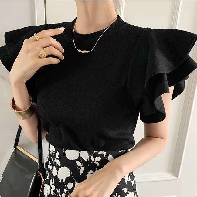 Summer Korean Fashion Slim T Shirt Sweater Women Flying Sleeve Ruffles Tees Top Vintage Elegant Ladies Knitted Woman Pullovers