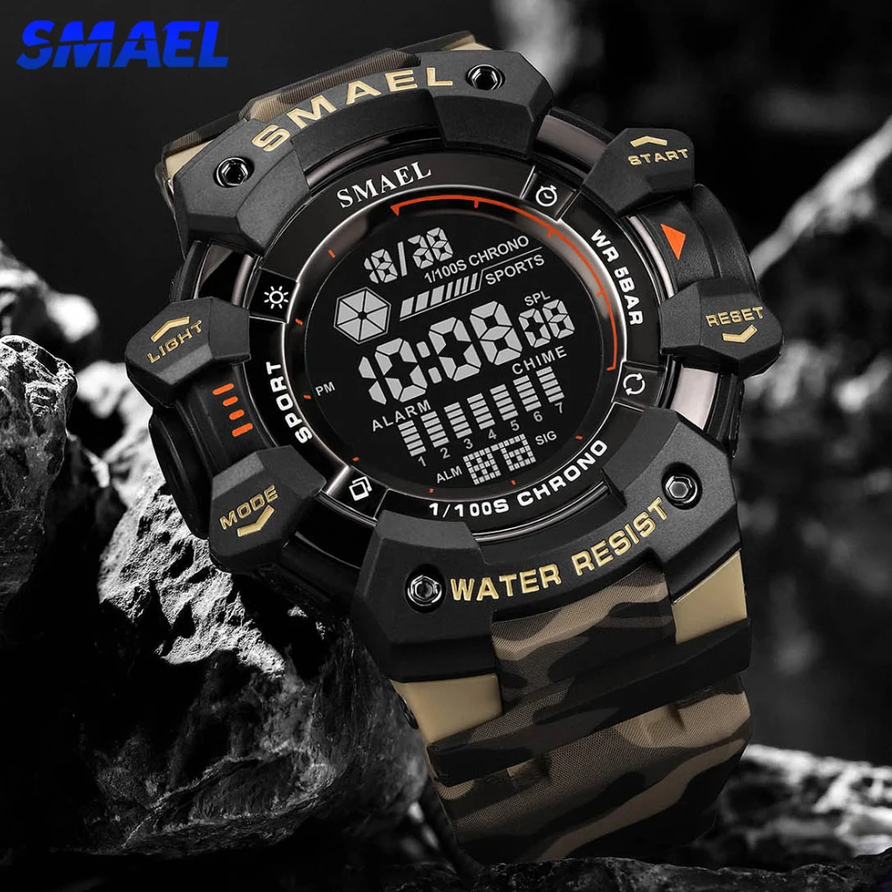 SMAEL Camo Style Men Outdoor Sports Watch Fashion Student   Waterproof Digital Wristwatch Adolescent Multifunction Wristwatch