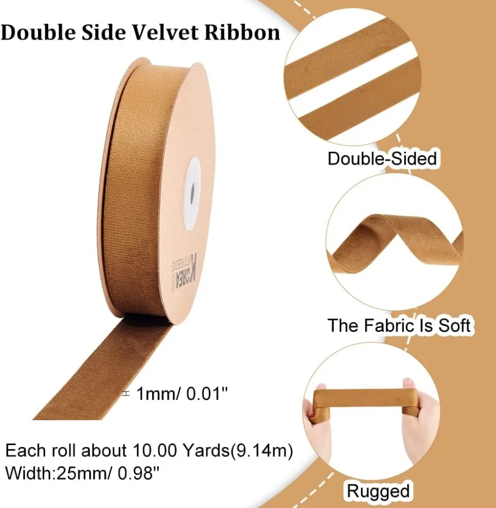 10 Yards 1 Inch Valentine's Day Double Side Velvet Camel Satin Roll Handmade Flat Ribbons for Wedding Gift Wrapping Hair Bows