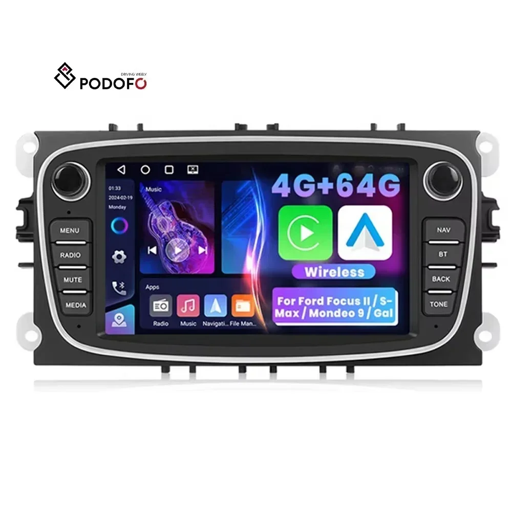 2026 Podofo Android CarStereo7'' IPS 4+64G Wireless CarPlay/Android Auto GPS WIFI FM RDS AI DSP for Focus II/S-Max/Mondeo 9