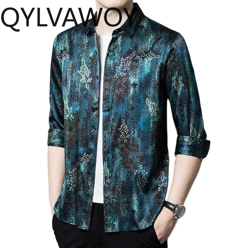 

QYLVAWOY 90.8% Real Mulberry Silk Men's Shirts Autumn Shirts Long Sleeves Tops Premium Printed Man Shirts High Quality Casual