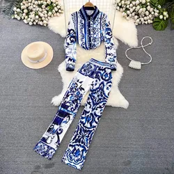 Runway Blue And White Porcelain Set Women's Lapel Long Sleeve Print Blouse Shirts And High Waist Cropped Pants Trousers Suit