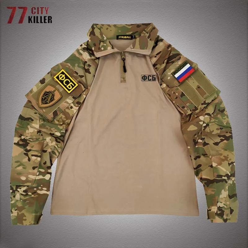 KGB Russian Tactical T-Shirts Men FSB  Camouflage Long Sleeve Combat Tops Breathable Wear-resistant Army Combat T Shirt