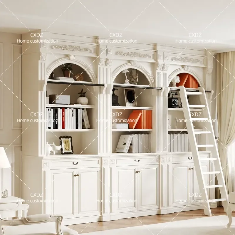 Retro Solid Wood Bookcase Wine Cabinet Carved Decoration Study Furniture Villa Style Customizable Storage Shelf