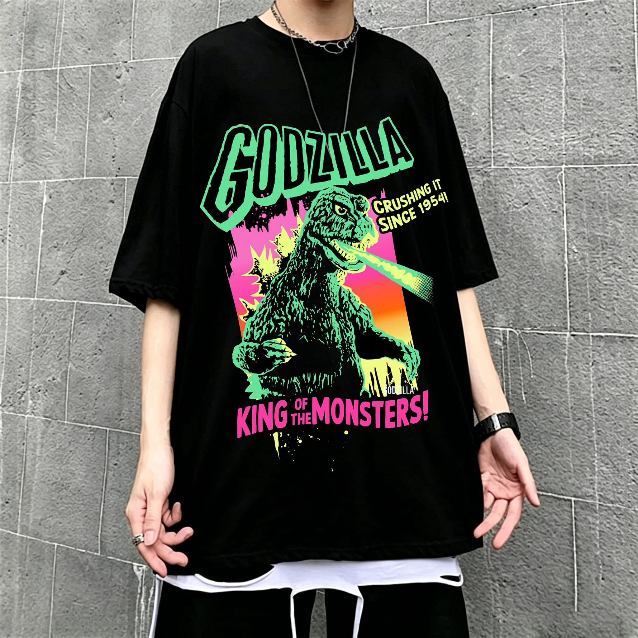 New 2026 American retro cotton short-sleeved T-shirt with Godzilla print, suitable for both men and women, casual street style. - view 3