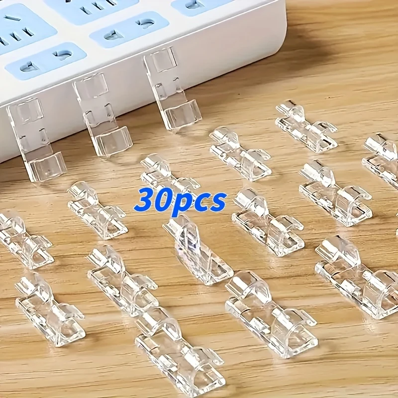 30 Transparent Adhesive Cable Clips, Durable Plastic Wire Organizer, Power Cord Management, Desktop Bottom Wall Fixing