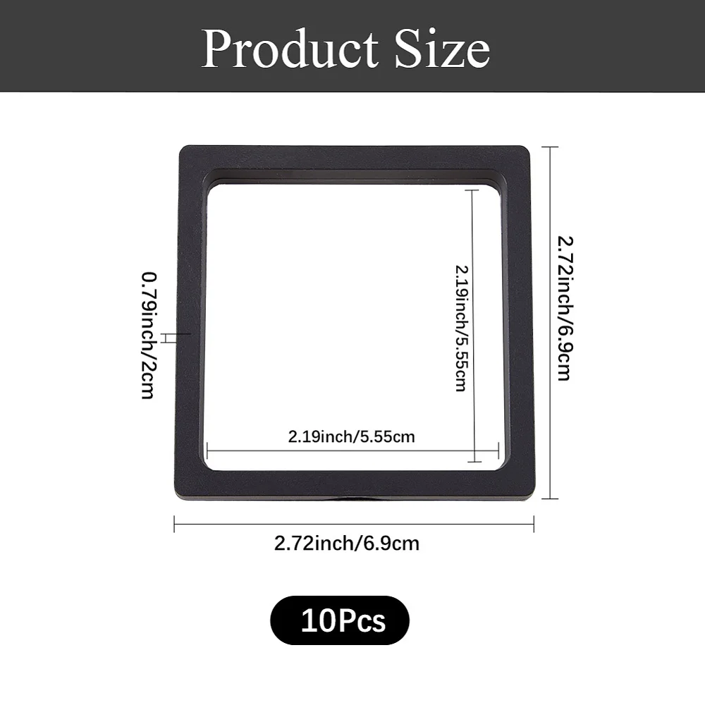 10Pcs 2.7 x 2.7 x 0.8 Inch Black 3D Frame Display Clear Floating Frame Jewelry Display Case Transparent PE Membranes