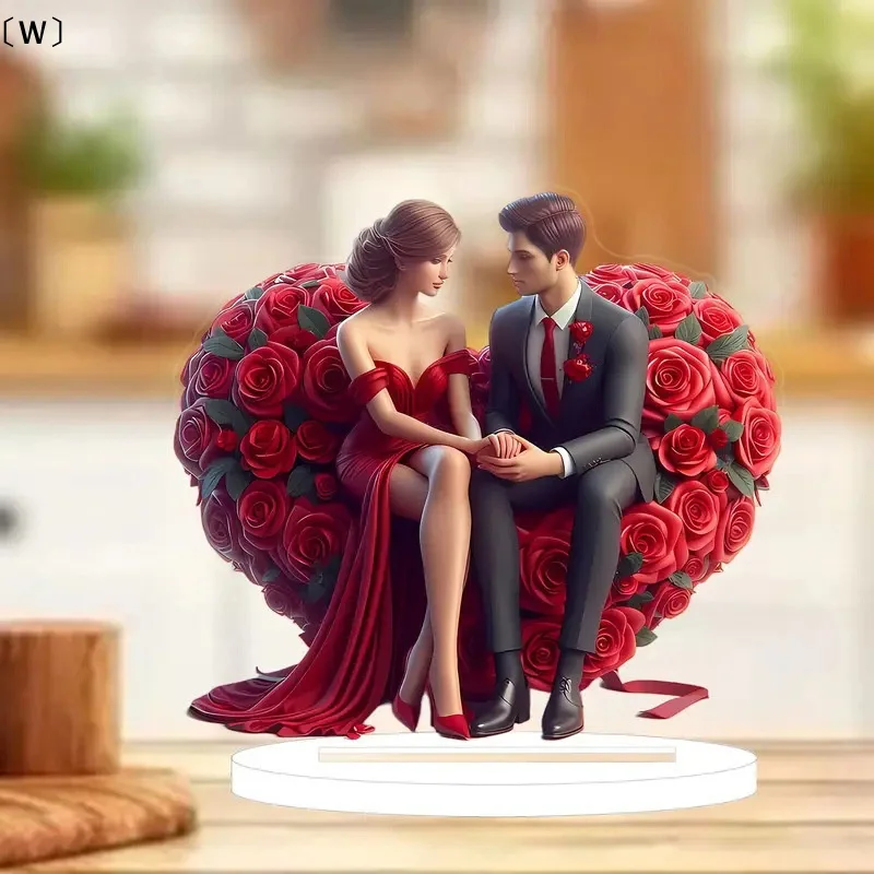 〔W〕Modern Acrylic Love & Happiness Couple Statue - Romantic Heart-Shaped Rose Design, Perfect For Wedding Decor, Home Display