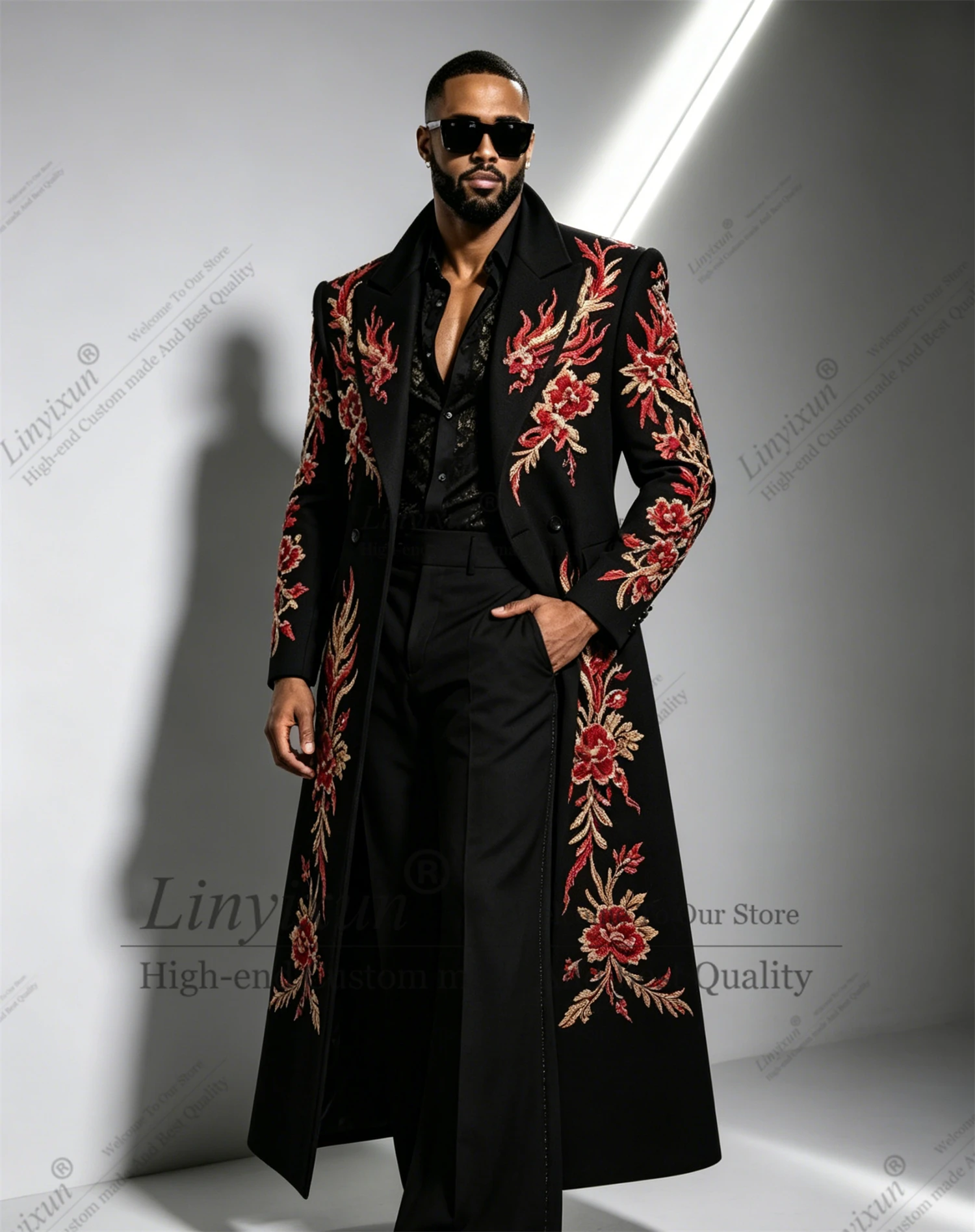 Latest design style Embroidery Men Suits 2 Pieces Sets Party Prom Blazer Customized Costume Homme Slim Long Coats Groom Tuxedo