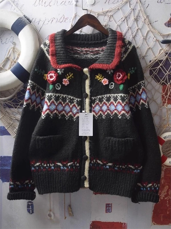 

Женский свитер-пальто больших размеров с 3D-цветочным воротником в стиле Fair Isle, осенне-зимний, свободный, вязаный, повседневный, в американском стиле