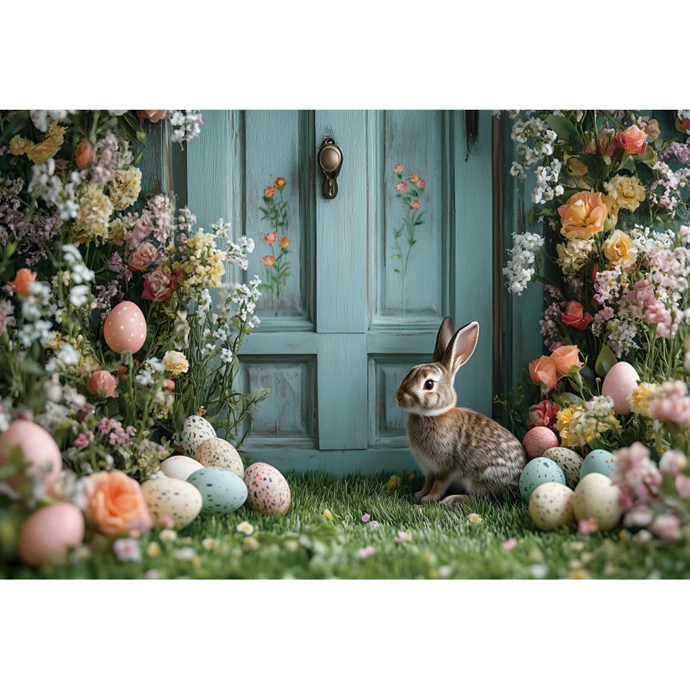 Easter Photography Backdrop Natural Spring Scenery Easter Egg Rabbit Blue Wooden House Kids Party Decor Photography Studio