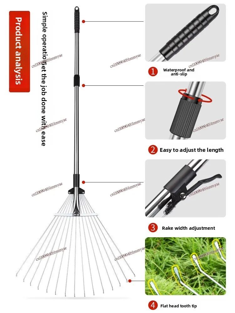 

Stainless steel retractable rake garden lawn grass removal tool