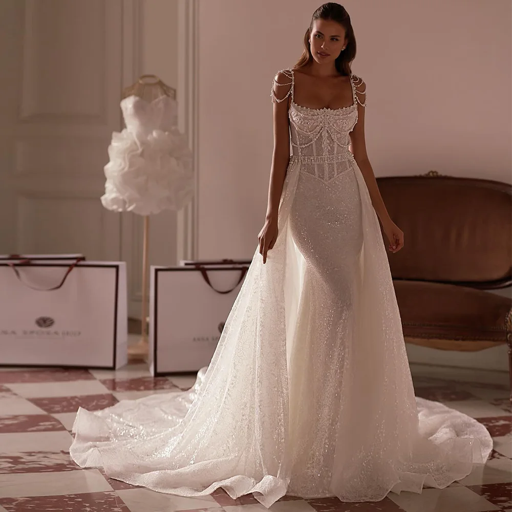 Customized Spaghetti Straps Organza Wedding Dress Luxury Mermaid Sweetheart Bridal Gown Delicate Beading Applique Robe de mariée