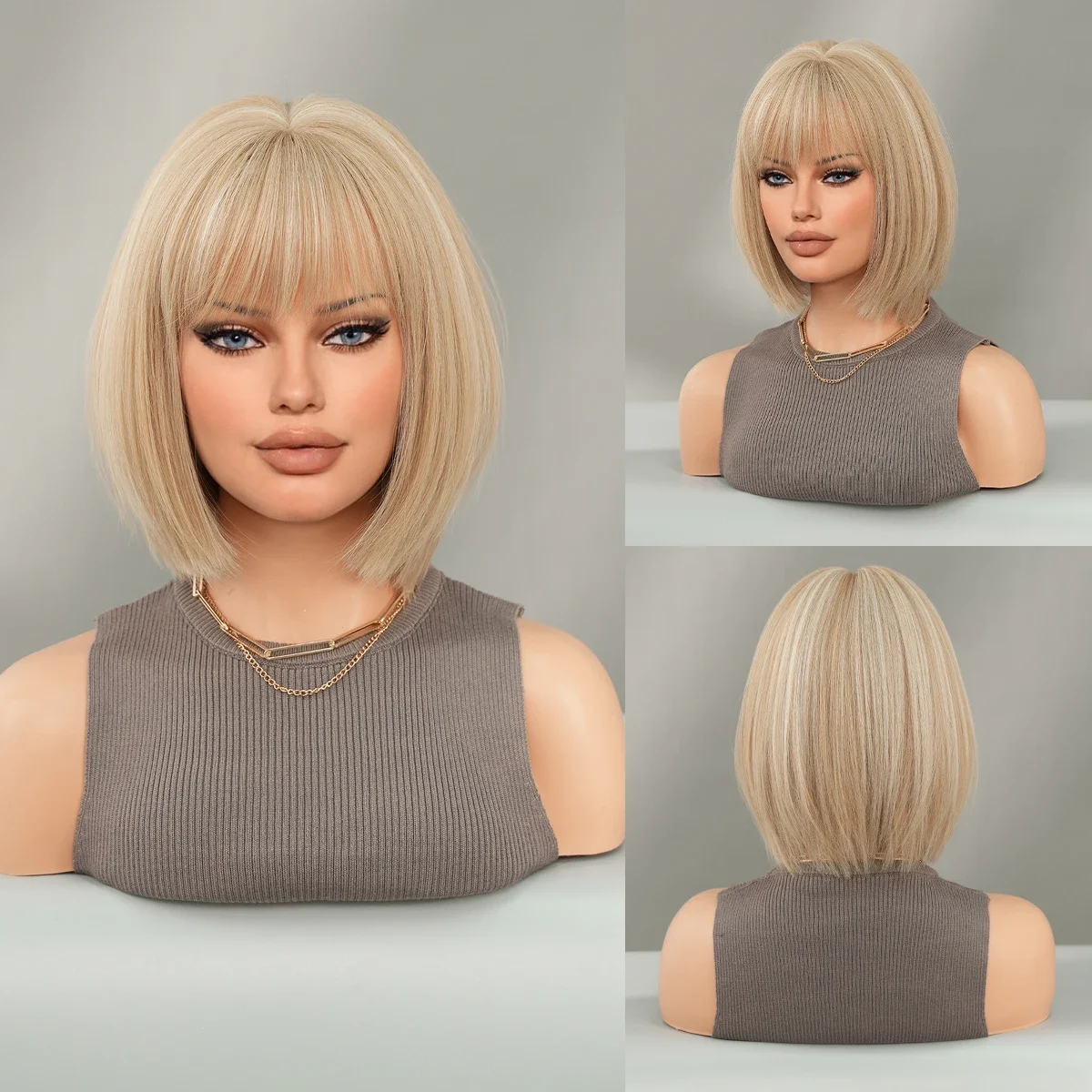 PARK YUN Short Straight Hair Blonde Wig for Woman Daily Cosplay Wig Highlight White Bob Wigs Synthetic Hair Heat Resistant