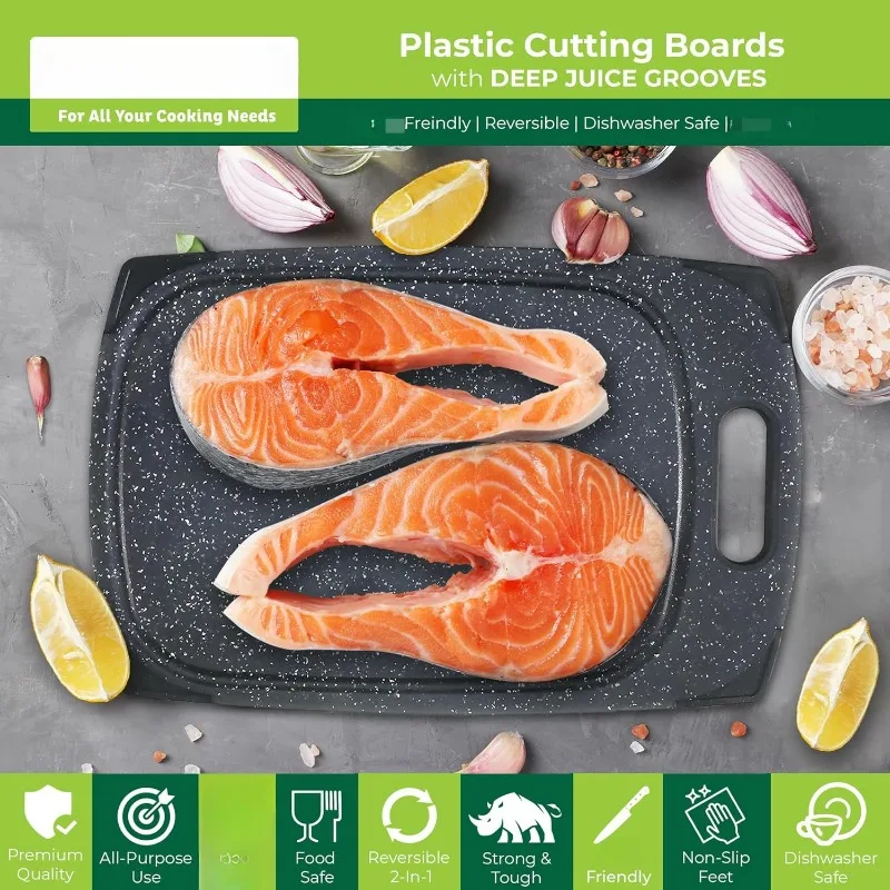 Plastic Cutting Boards for Kitchen, Cutting Board Set of 3, Juice Grooves with Easy Grip Handle, Non-Porous, Black Marble