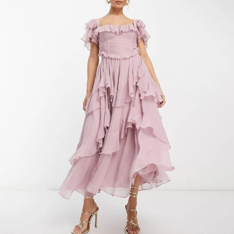 2025 nouveau Vintage vacances bord fleuri dos ouvert creux mode robe irrégulière décontracté femmes à volants bord froissé longues robes