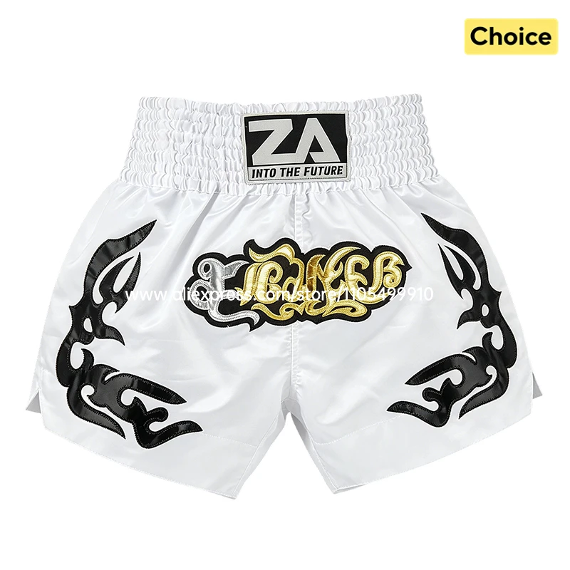 Kampfsport Muay Thai Shorts Weiße Boxshorts mit Stickerei aus Satin für Männer, Frauen, Kinder, Gym, Kampfsport, MMA, Kickbox-Trainingshosen
