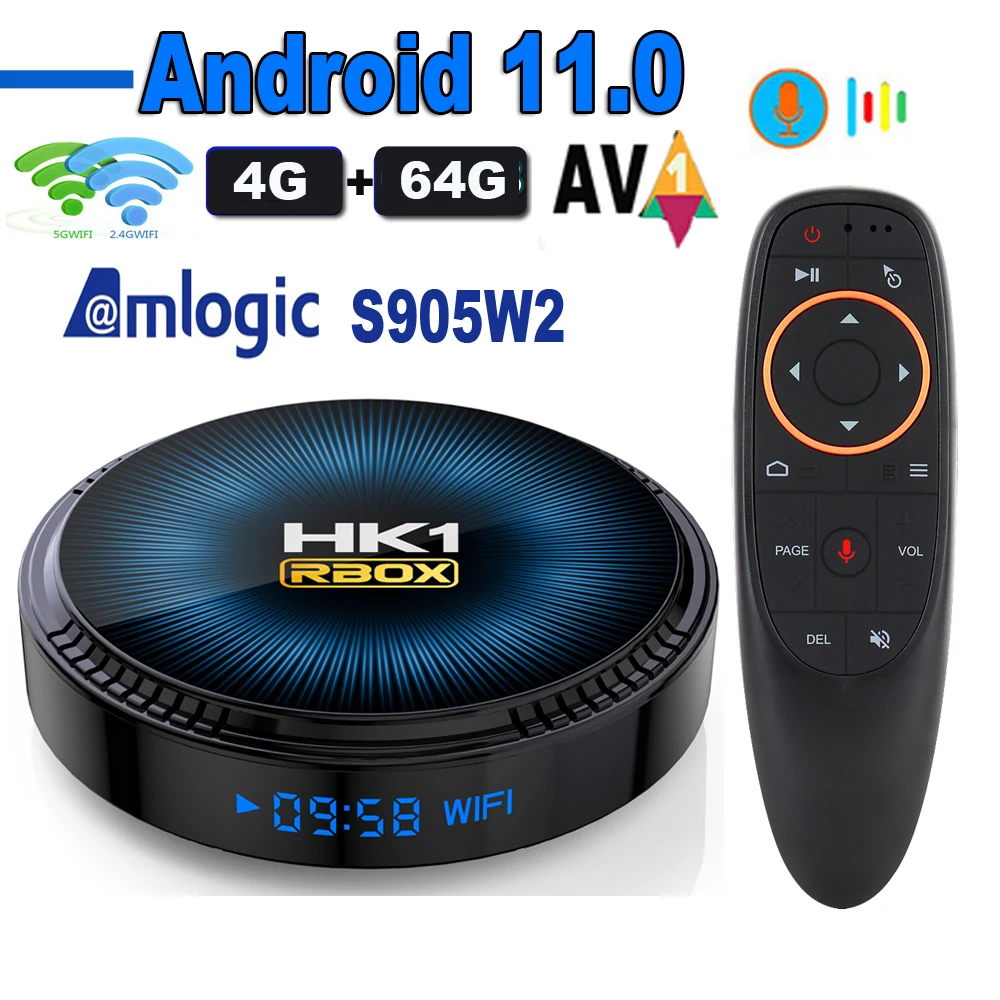 HK1 RBOX W2 Android 11 TV Box Amlogic S905W2 16GB 32GB 64GB AV1 2.4G 5G Dual Wifi BT4.1 3D H.265 4K HDR Media Player HK1RBOX