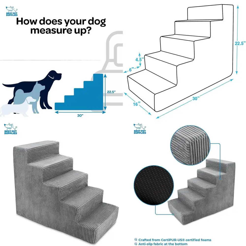 

Portable 5-Step Foam Pet Ramp for Small Dogs and Cats, Easy Access to Couches and Beds, Non-Slip, Paw-Safe, Gray
