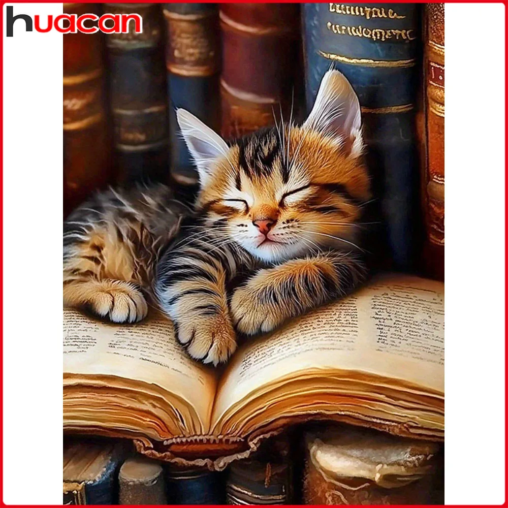 Huacan Vollquadrat Rundes Diamantgemälde Katzenbücher Diamantmosaik Tierkunst Bild von Strasssteinen