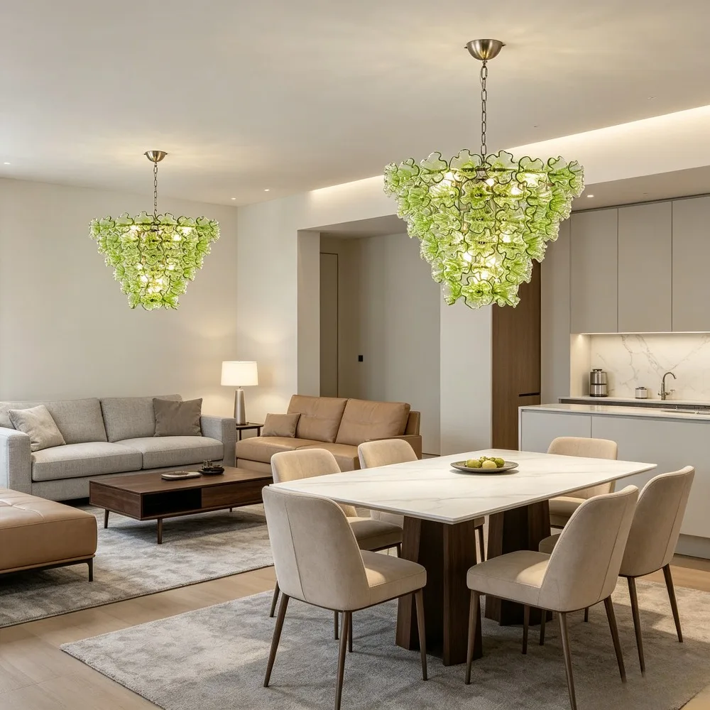Luxury Green Flower Glass Chandelier Retro Multi Tier Round Hanging Lamp for Loft Living Room Kitchen Table Art Lighting Fixture