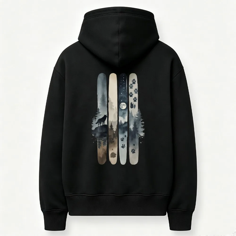 Watercolor Wolf Pine Forest Moon Nature Vertical Stripes Graphic Hoodie Front Print Sweatshirt Outdoor Camping Hiking Hooded Top