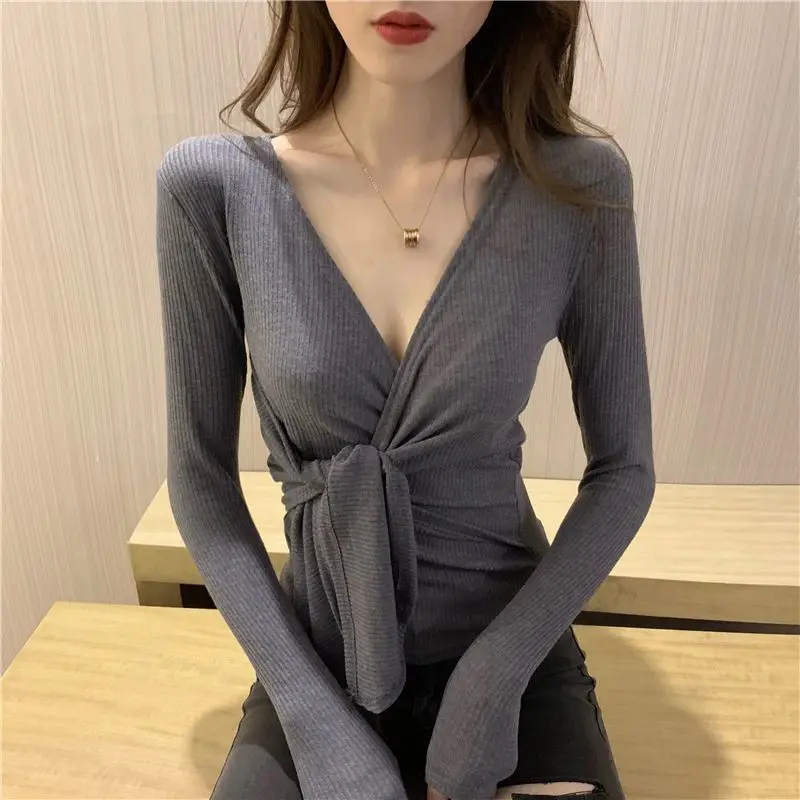 T-shirt Bottoming for Women's Autumn and Winter New Slim Sexy V-neck Cross-stretch Long-sleeved Top XQ98