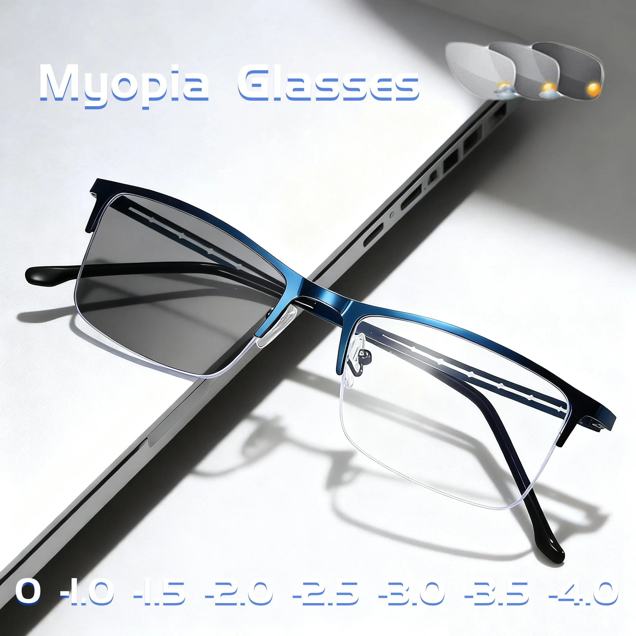 New High-end Business Metal Half Frame Photochromic Myopia Glasses Anti Blue Light Color Changing High-definition Myopia Glasses