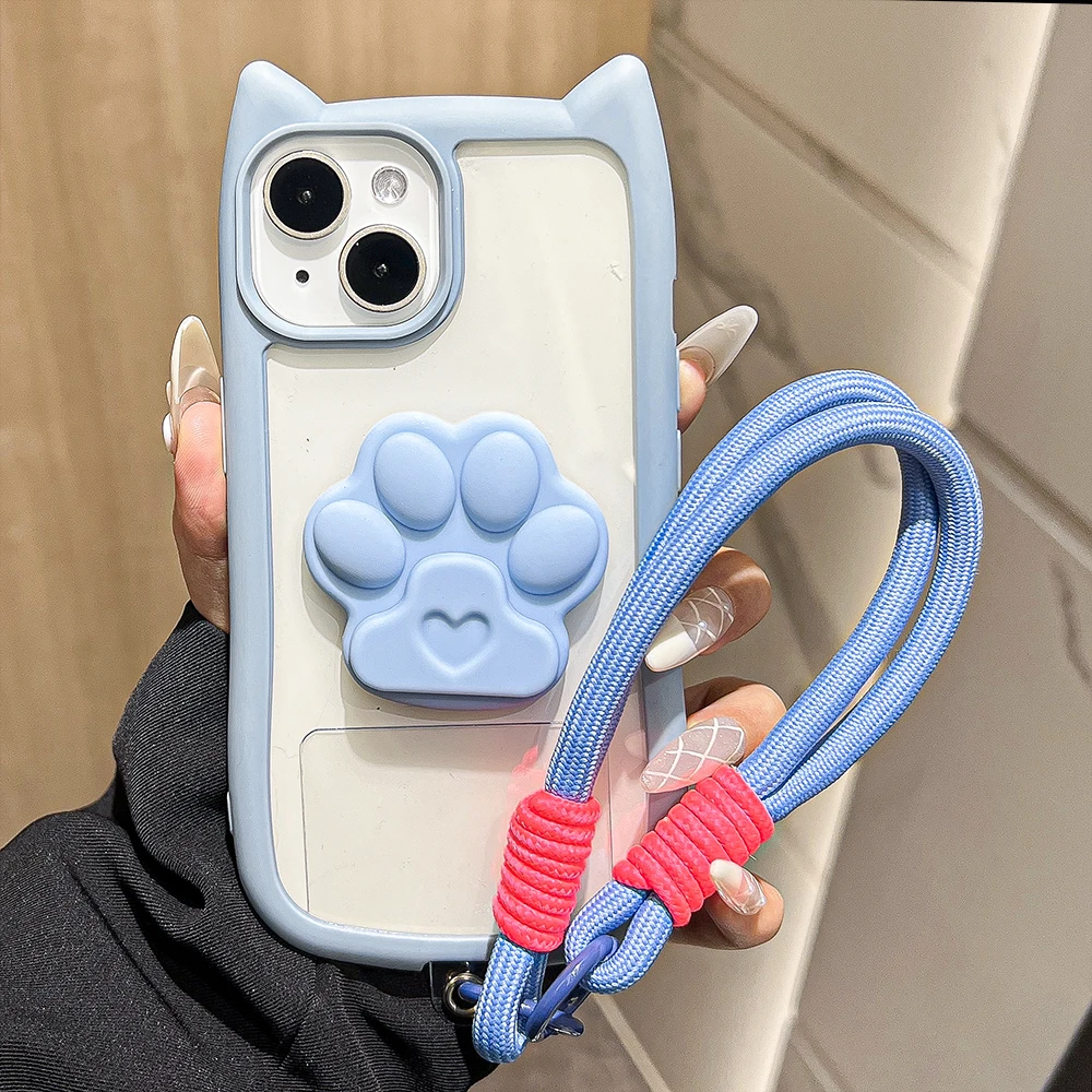 

Cute 3D Cat Ears Cat Claw Stand Wrist Strap Clear Silicone Phone Case For iPhone 17 16 12 13 14 15Pro Max Plus Protective Cover
