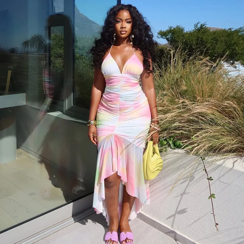 Elegante senhora tie dye impresso maxi vestido 2025 verão feminino halter sem costas bodycon sexy clube festa praia drapeado plissado vestidos