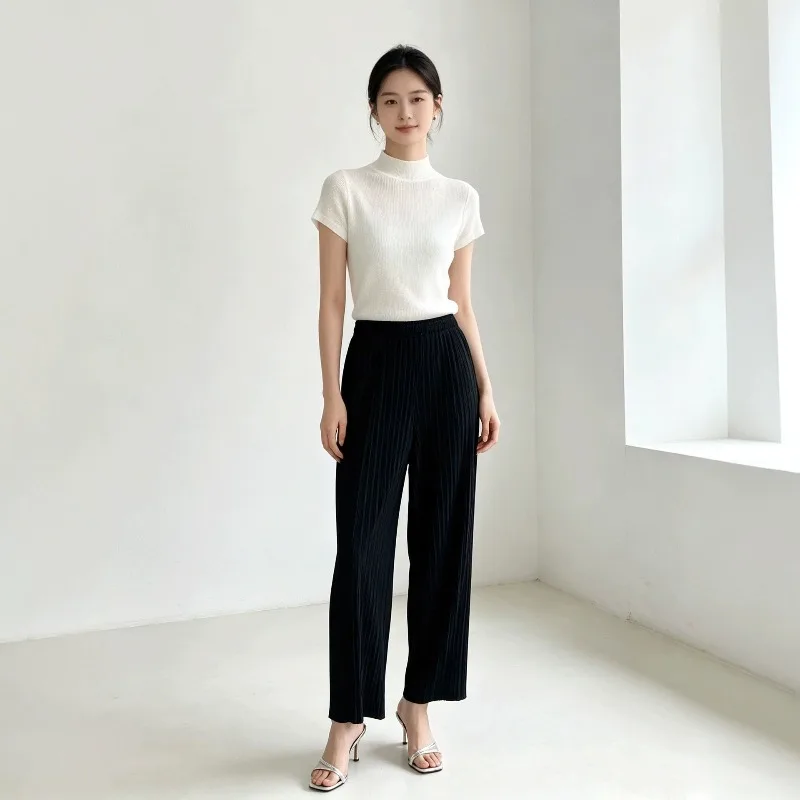 Miyake Pleated 2026 Summer Glossy Wide-Leg Pants for Women Nine-Point High-Waist Elastic Versatile Straight-Leg Casual Pants