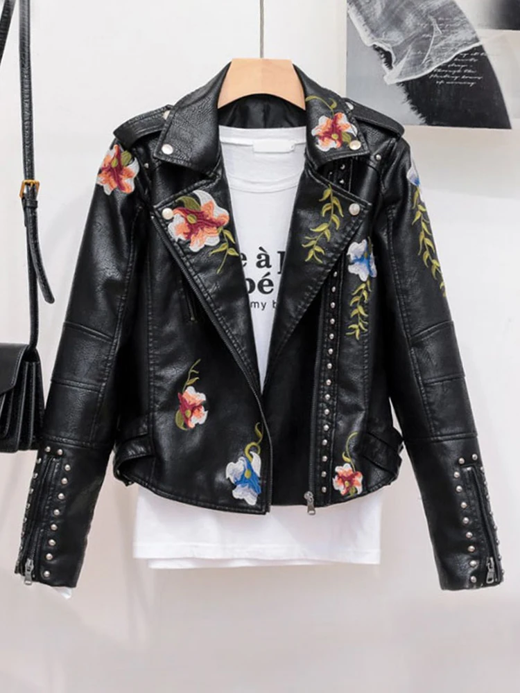 Ailegogo femmes Vintage imprimé fleuri broderie Pu Faux cuir veste printemps automne femme fermeture éclair Punk Moto Biker manteau vêtements d'extérieur