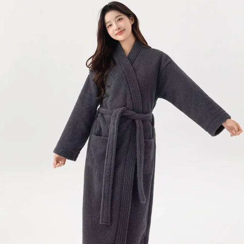 New Thickened Extended Wool Lamb Wool Nightgown Extended Bathrobe Pajamas