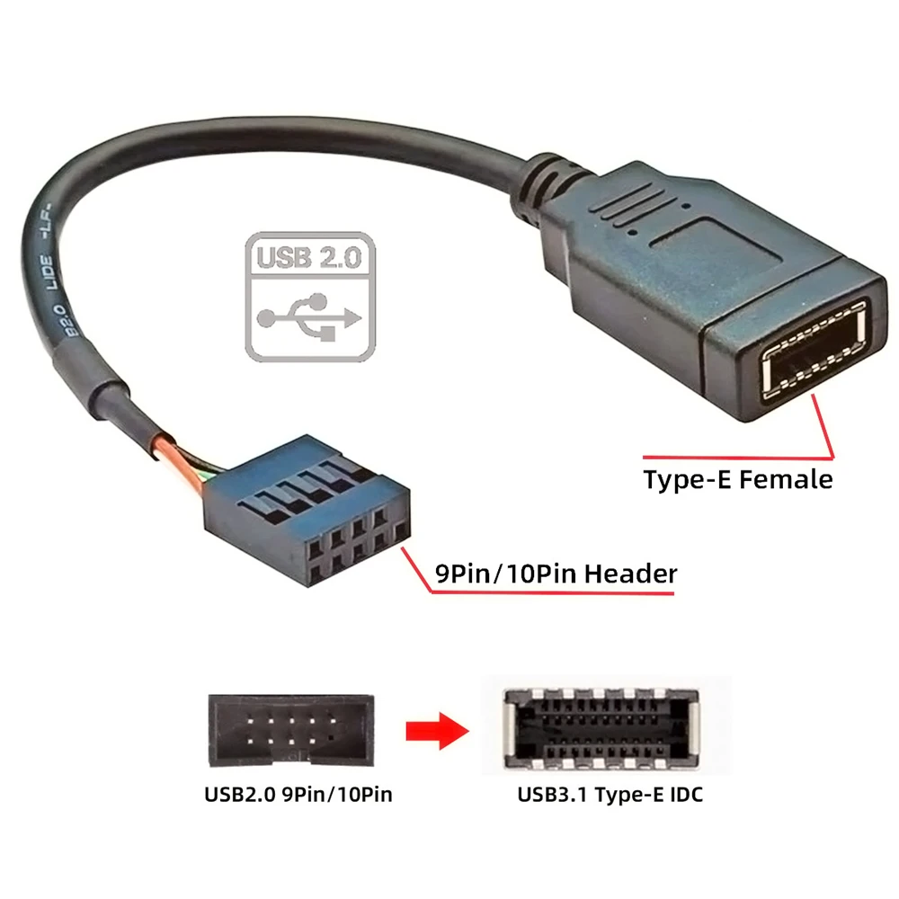 USB 3.1 Front Panel Socket Key-A Type-E to USB 2.0 9Pin 10Pin Mainboard Header Male Cable Extension Adapter