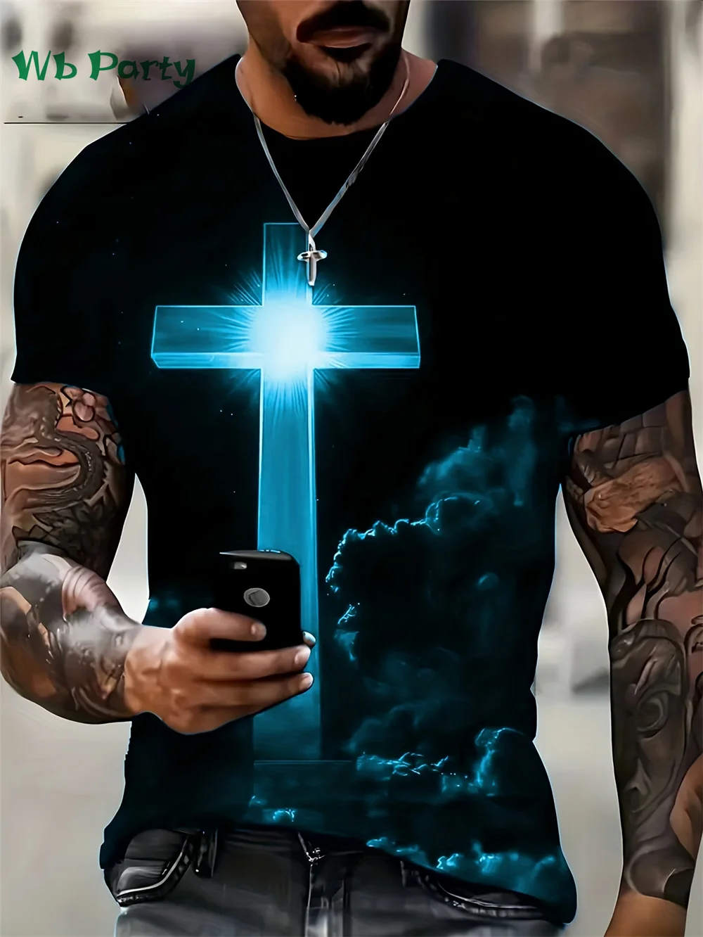 

Redemption Night Crucifix Pattern Print T-shirt Short Sleeve Tee Men's Oversize T-shirt Crucifix Print Clothes Graphic T shirts