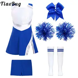 Girls Cheer Leader Dance Costume Set with Pompoms Sleeveless Dance Dress and Socks Suit Cheerleading Outfit Performance Costumes