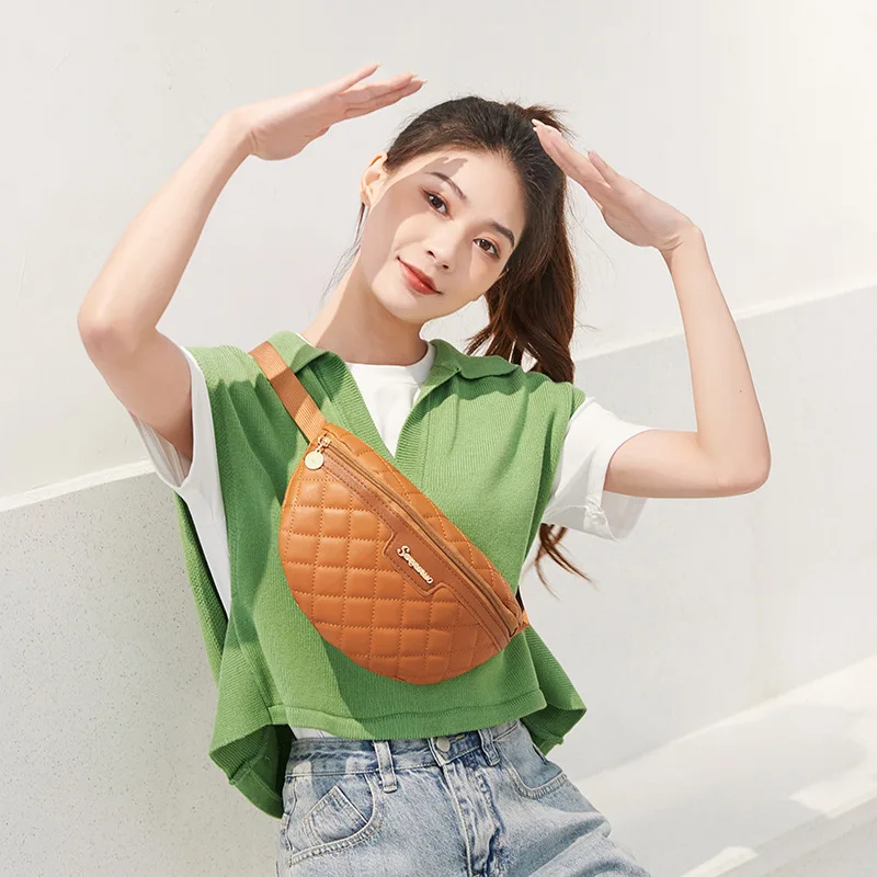 High-end and Versatile Lingge Embroidered Waist Bag with Casual Texture and Large Capacity Crossbody Chest Bag and Crescent Bag