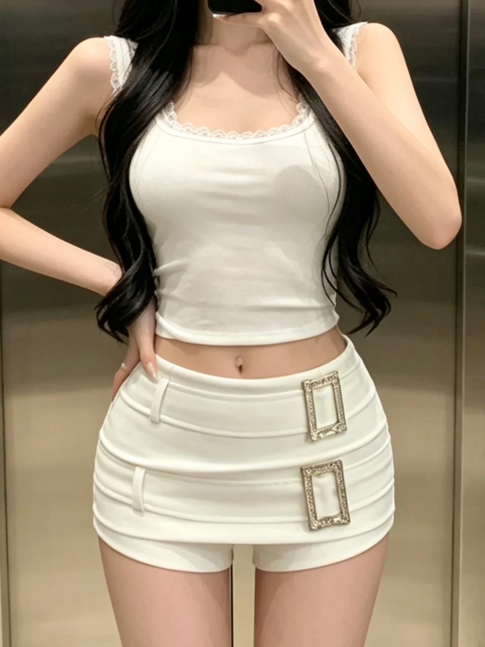 White High Waist Double Belt Short Skirt Women's Summer New Anti-Light Slimming Pure Desire Hot Girl Wrap Hip Half-length Skirt