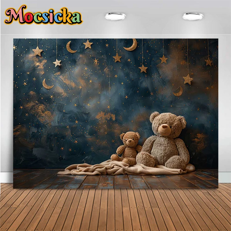 Starry Bear Photography Background Baby Shower Star Moon Dark Blue Wall Backdrop Decoration Props Newborn Portrait Photo Studio