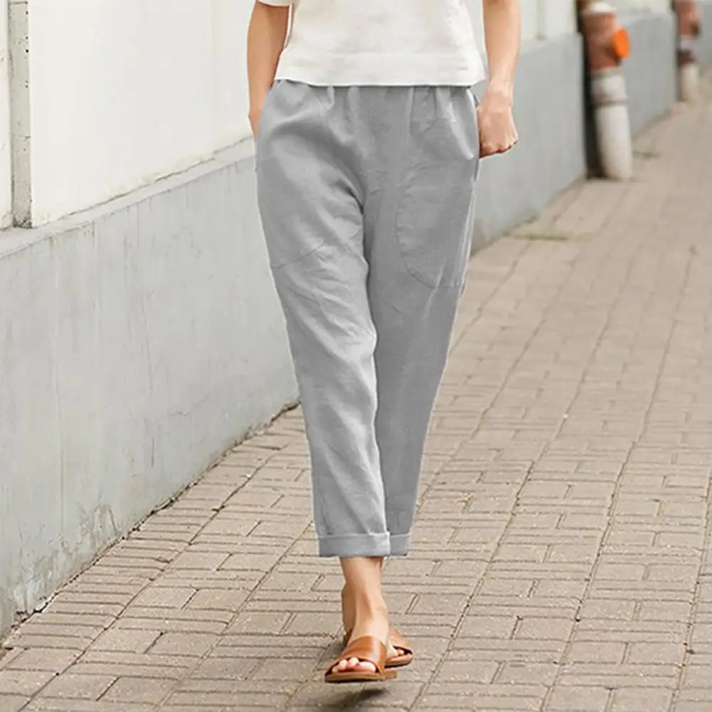 

Summer Cotton Linen Women Khaki Trousers Back Elastic Waist Trousers Summer Thin Pants Female Wide Leg Trouser