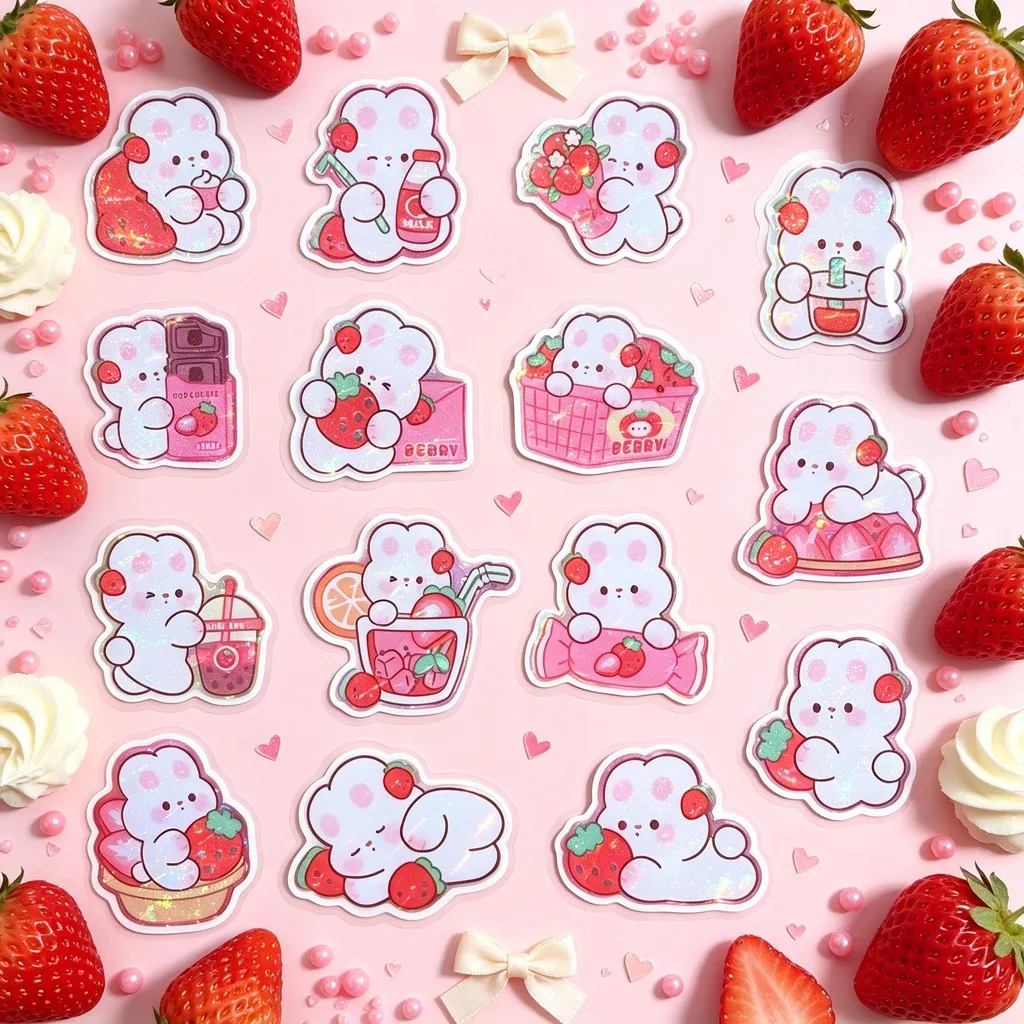 15pcs Strawberry Bunny Epoxy Resin Stickers, Glitter Cute Rabbit Decals for Resin Craft, Journal DIY Decor AnimeWorlds Store
