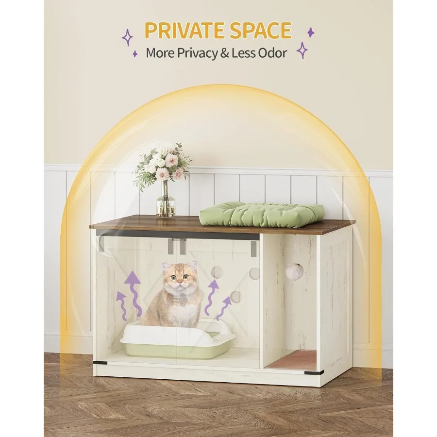 أثاث خزانة صندوق نفايات القطط المخفي مع جرس للقطط الداخلية تصميم على طراز المزرعة باللون البني والأبيض الريفي 39