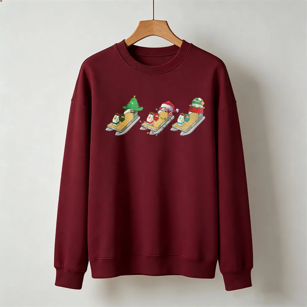 Christmas Jet Ski Sled Santa Cartoon Graphic Pullover Xmas Tree Holiday Print Casual Winter Jumper Gift for Water Sports Lovers