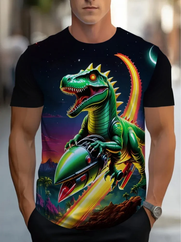 Camiseta de Hombre con Estampado de Dinosaurio Cohete Espacial, Moda 2026, Ropa Urbana para Hombre, Camiseta de Verano Informal de Manga Corta, Ropa de Hombre a la Moda