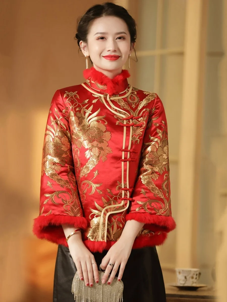 

Red New Year Visiting Warm Cotton Jaet Rabbit Fur Simulation ort Coat Women's Top Winter Tang Suit Ethnic Sle Long Sve