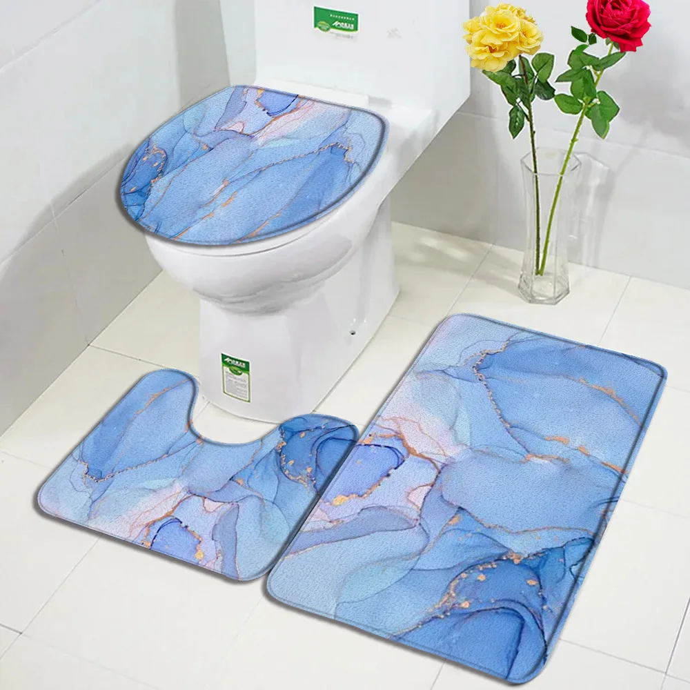 Abstract Marble Bath Mat Set Gold Lines Blue Ink Texture Art Pattern Modern Home Carpet Bathroom Decor Non-slip Rug Toilet Cover