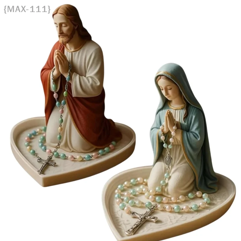حامل مسبحة مريم العذراء وصندوق صلاة سيدةنا، صينية تمثال قلب مريم وسوع، هدية دينية كاثوليكية أنيقة