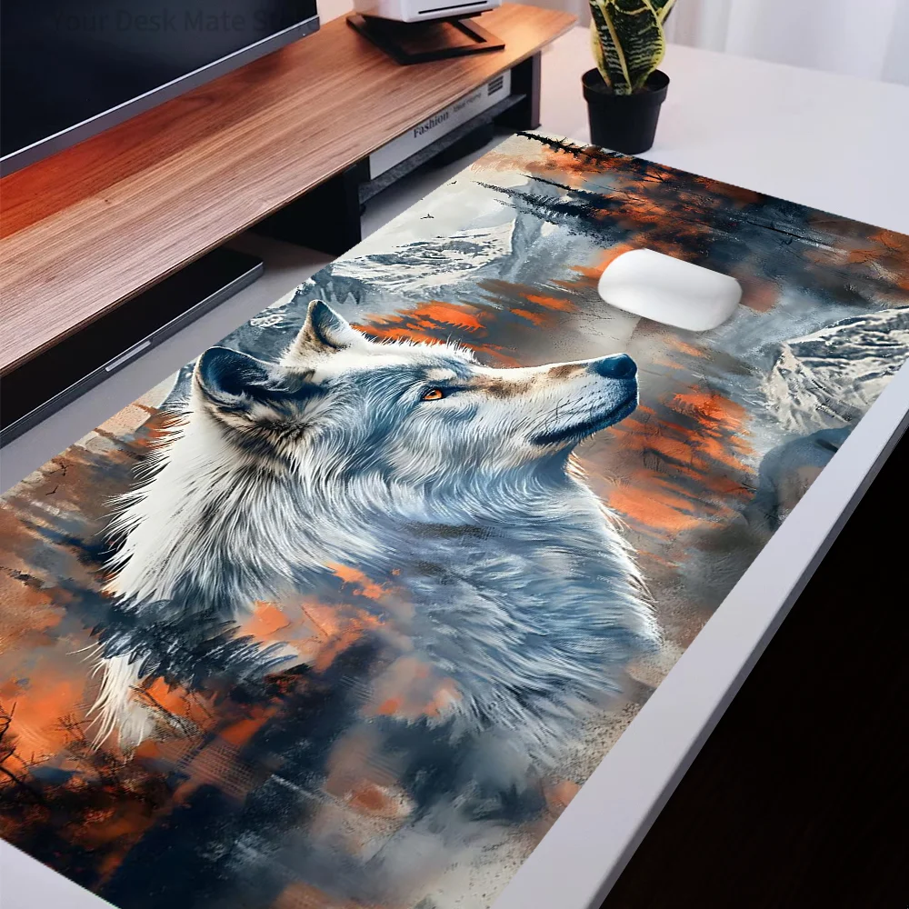 

1Pcs Watercolor White Wolf Print Stitched Edges Large Non-Slip Gaming Mouse Pad Desk Mat